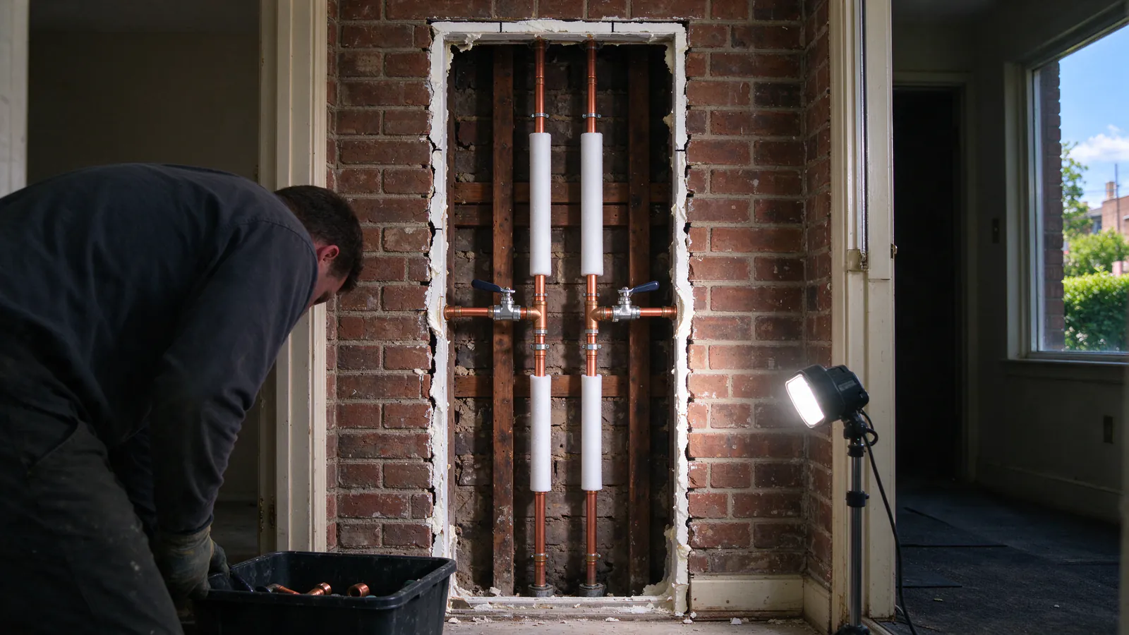 An open utility chase in an apartment corridor showing new insulated copper risers with a labeled ball valve at each floor branch