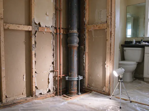 An open wall in an older house showing a rust-streaked vertical cast iron drain stack with a hub joint, held by a riser clamp at the floor