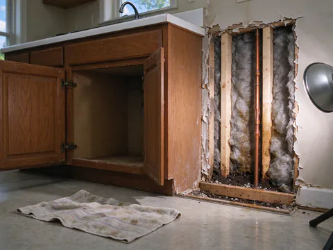 A split copper supply pipe with a lengthwise bulge, opened in a wet exterior wall cavity behind a kitchen sink