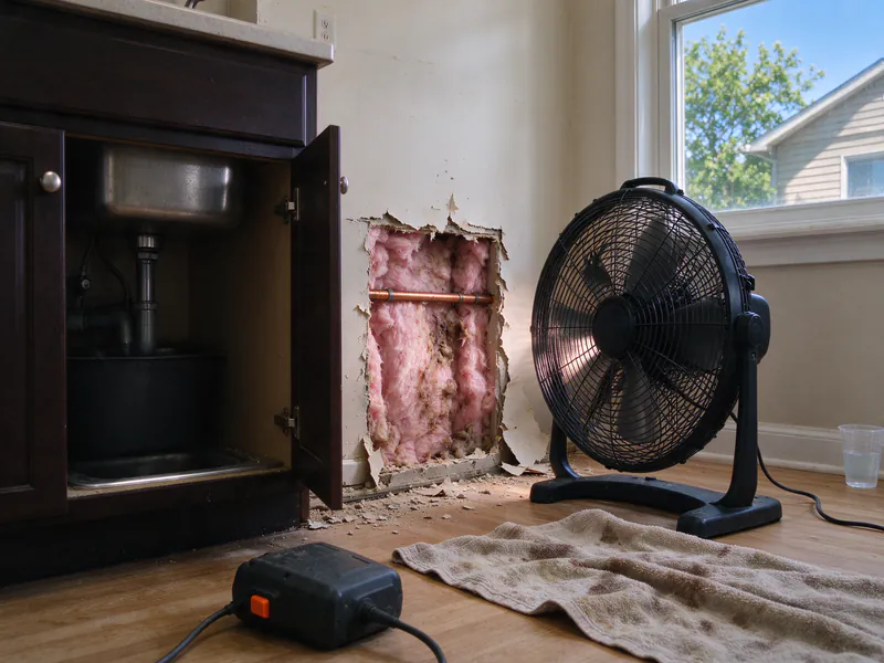 Opening cut in the wall beside a sink cabinet showing wet insulation and a copper pipe, with a fan drying it, in a Columbus house