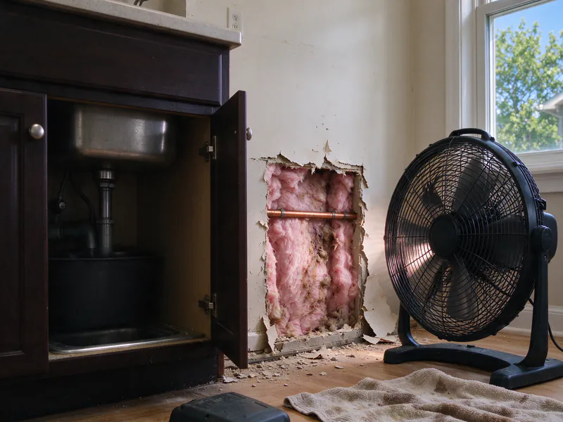 Opening cut in the wall beside a sink cabinet showing wet insulation and a copper pipe, with a fan drying it, in an older Columbus home