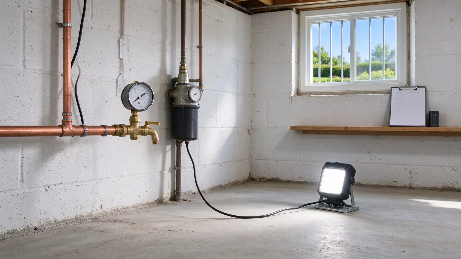 A pressure gauge threaded onto a basement hose bibb beside a water meter with its low-flow indicator visible