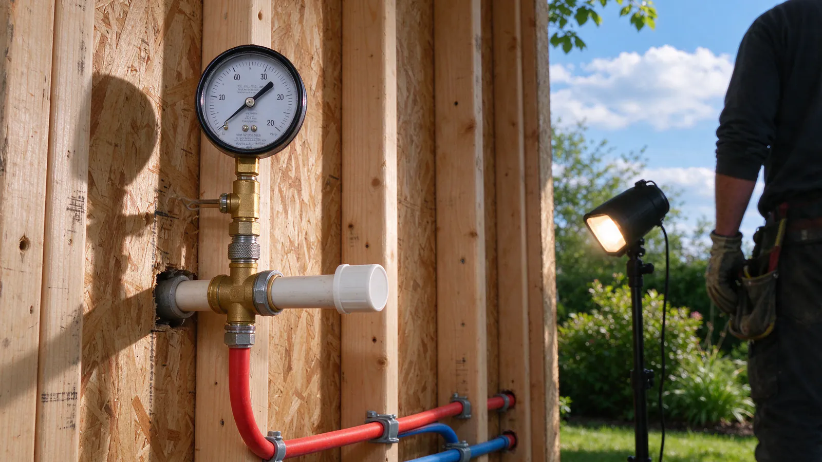 Wall calendar taped to a basement post above a workbench with PEX coils, a pressure gauge and a capped copper stub