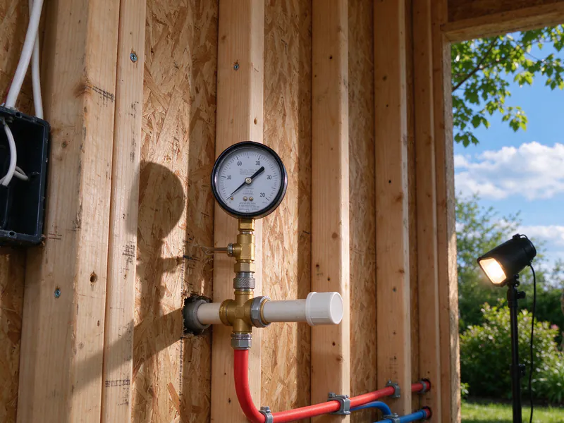 Pressure test gauge on a capped stub-out in an open stud wall, with new red and blue PEX lines in the bay, in an older Columbus home