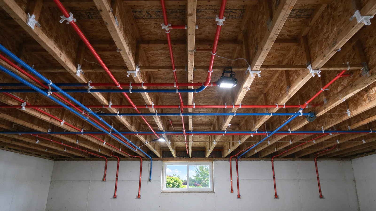 Basement of an older brick house with new PEX mains clipped along the joists and a bundle of cut galvanized pipe lengths stacked by the stairs