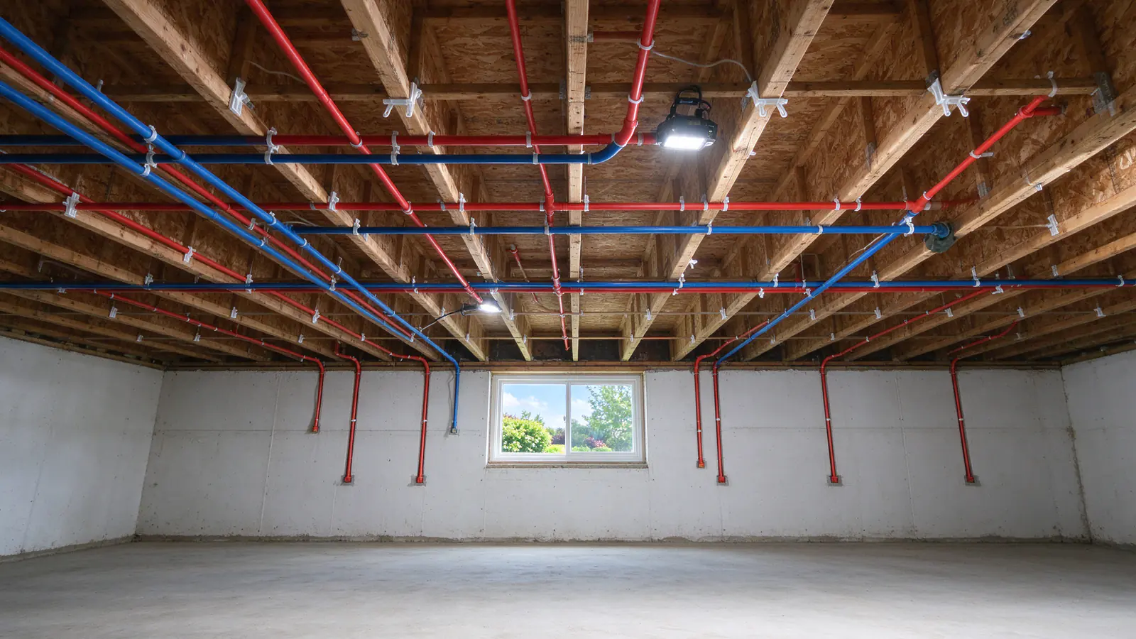 Basement ceiling of an older Columbus house with old threaded galvanized supply pipe on the left and new labeled PEX lines on the right