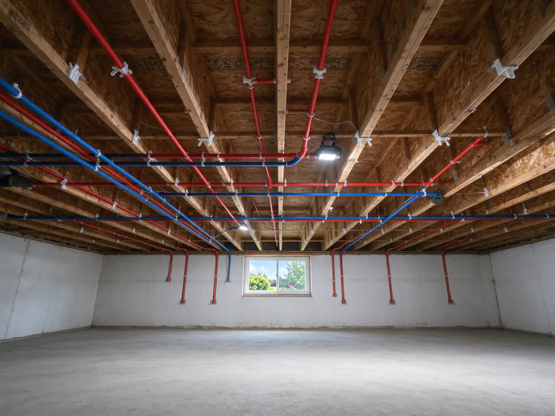 Red and blue PEX lines on white hangers across bright basement ceiling joists, in a Columbus house