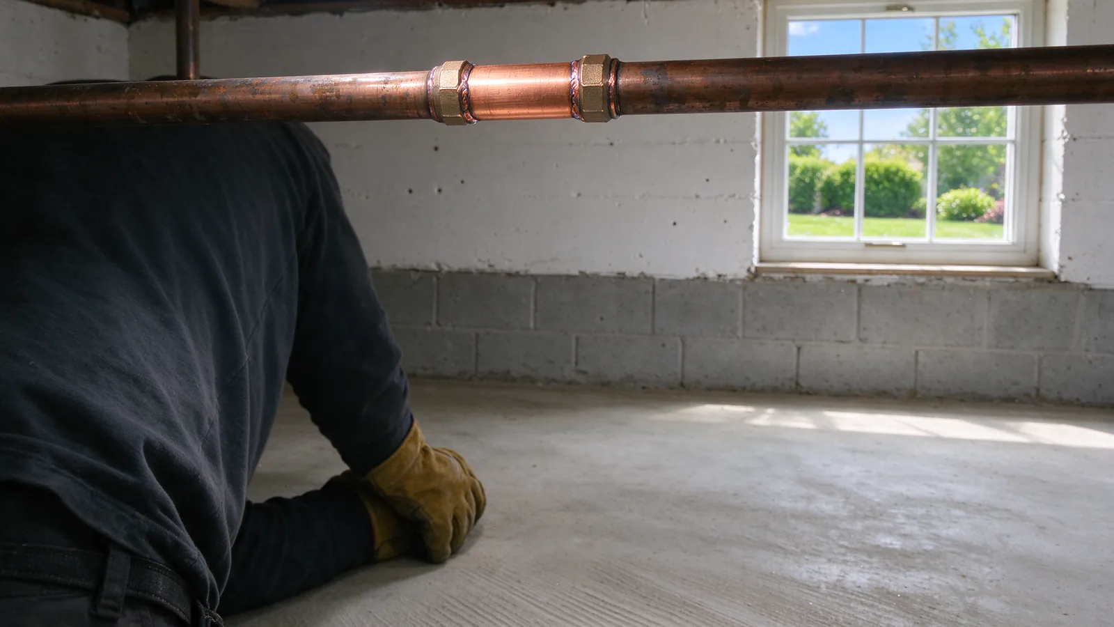 A basement ceiling showing a short new copper repair section joined into older copper pipe, with an earlier repair coupling a few feet along the same run