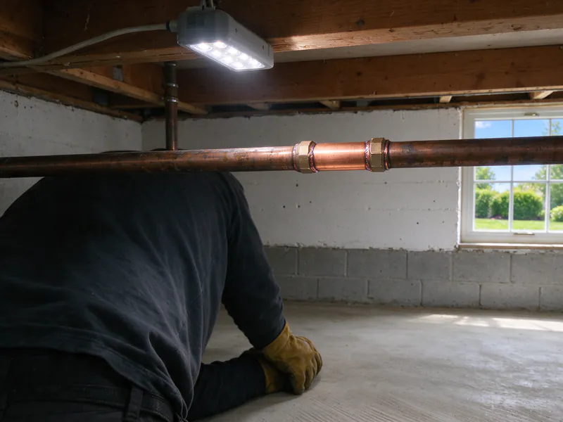 Short new copper section joined into an older copper water line with two couplings under a basement joist, in an older Columbus home