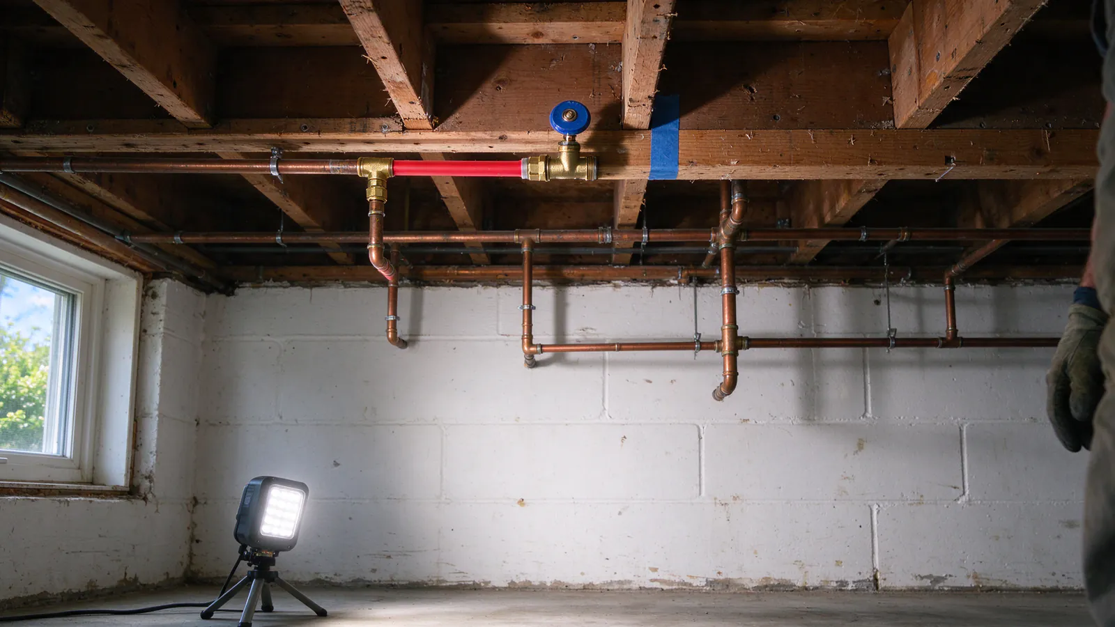 Cream-colored CPVC supply pipe with solvent-welded elbows beside a water heater, one fitting showing a hairline crack