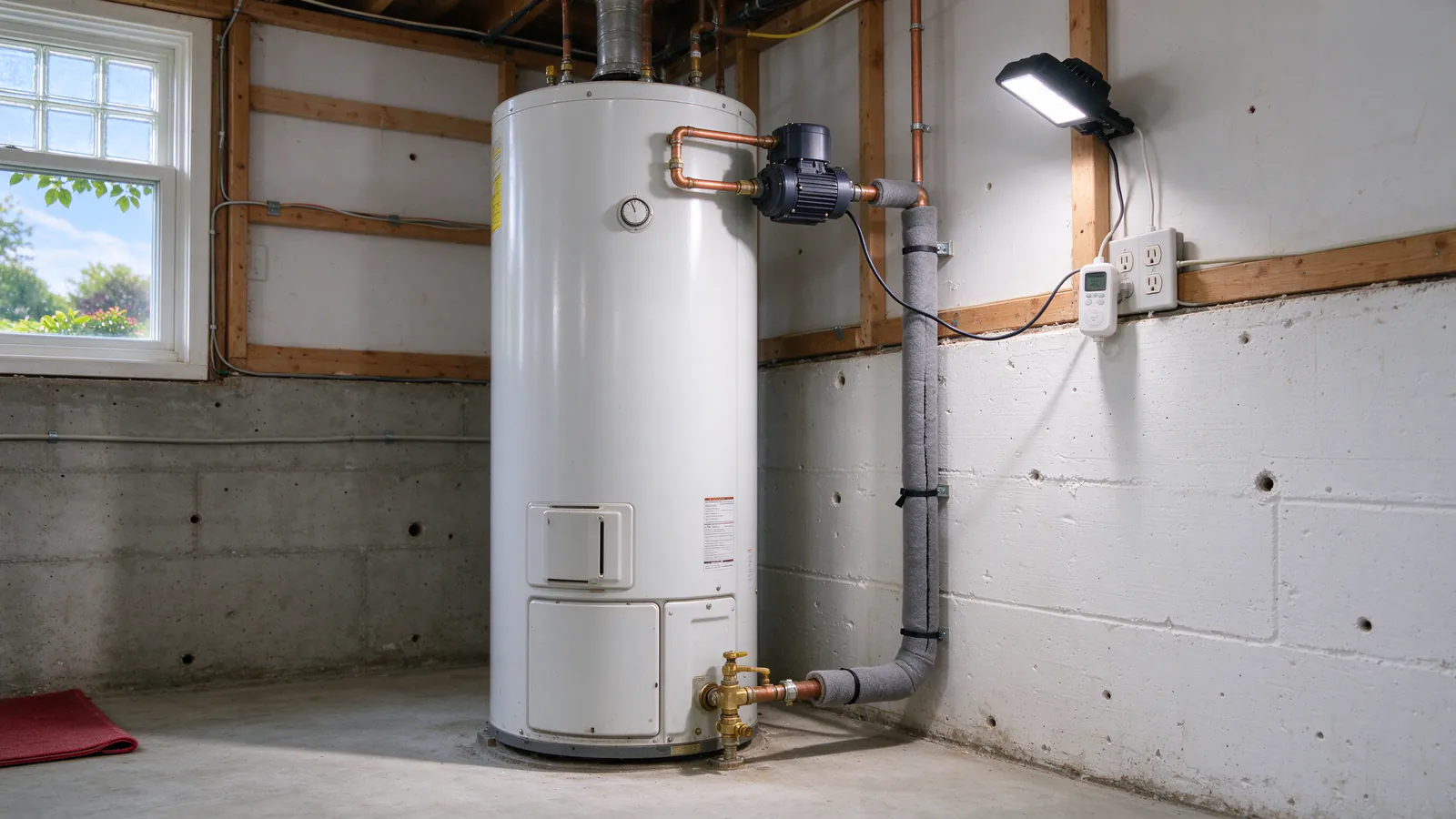 A small circulator pump with a timer mounted on the hot water outlet of a basement water heater, with insulated return line beside it