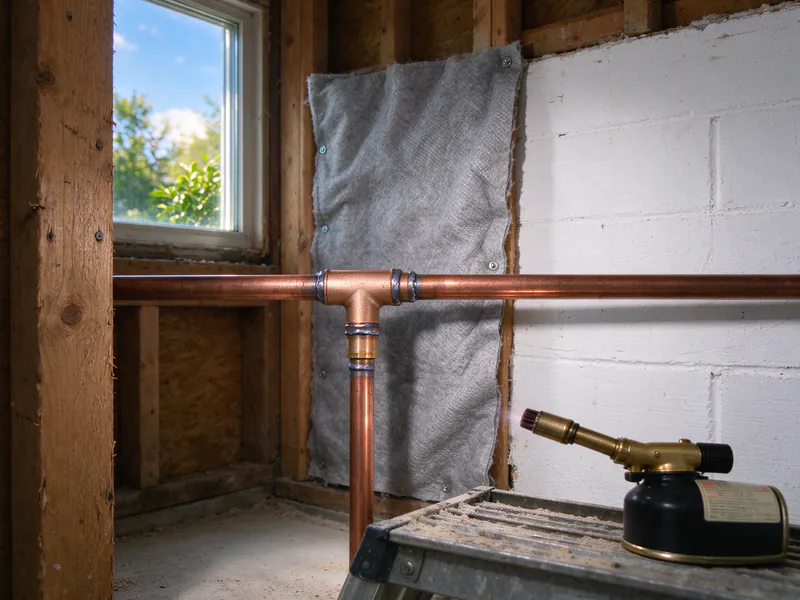 Soldered copper tee on a water line against framing, with a gray heat-shield cloth behind it and a torch on a ladder, in a Columbus house