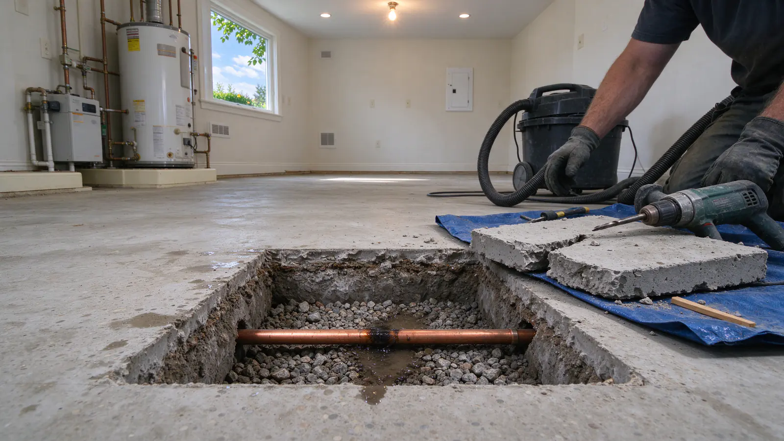 A square cut in a concrete floor exposing a copper water line in gravel, with the removed concrete piece set beside it