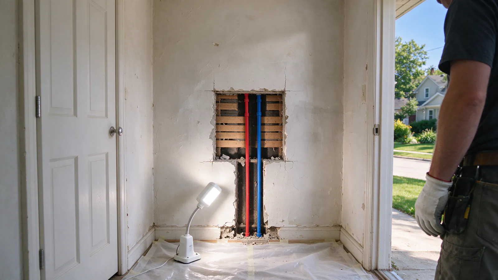 A small square opening in a plaster and lath wall inside a closet, with new PEX lines rising through the stud bay toward the floor above