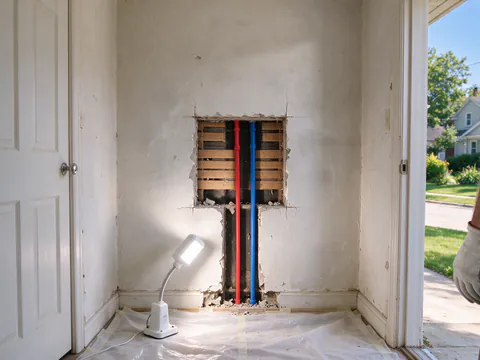 A small square opening in a plaster and lath wall inside a closet, with new PEX lines rising through the stud bay toward the floor above