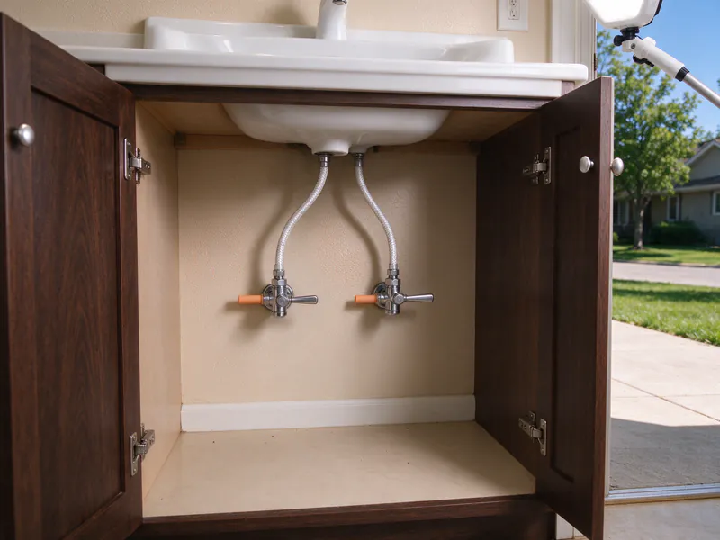 Two new chrome shutoff valves with braided supply lines under a bathroom sink, cabinet doors open, in a Columbus house