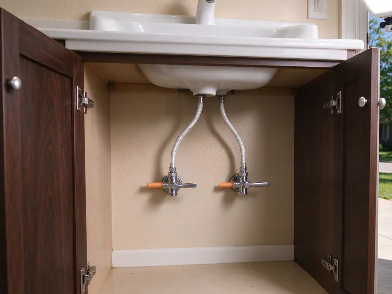 Two new chrome shutoff valves with braided supply lines under a bathroom sink, cabinet doors open, in an older Columbus home