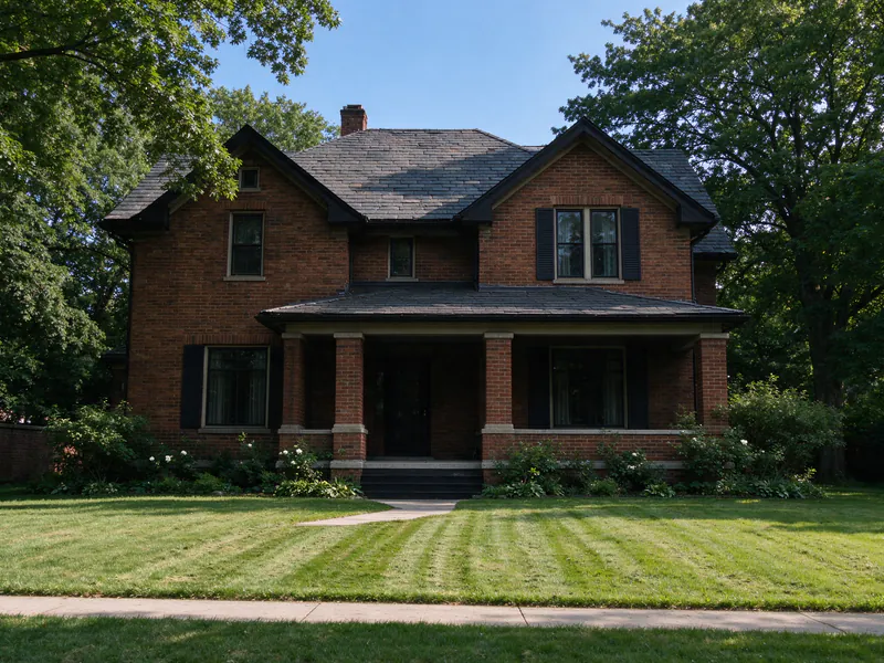 Two-story brick house with a slate roof and a brick-columned front porch behind a deep lawn in Bexley, Ohio, in a Columbus house