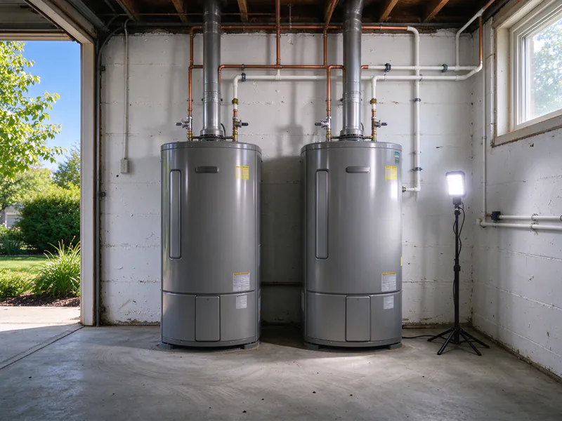 Two water heaters side by side against a white basement wall, each with its own supply lines, in a Columbus house