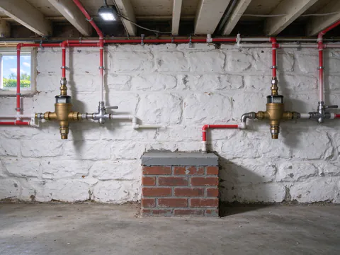 Two water meters side by side on a basement wall of a brick double, each with a new shutoff valve and PEX lines leading off in different directions