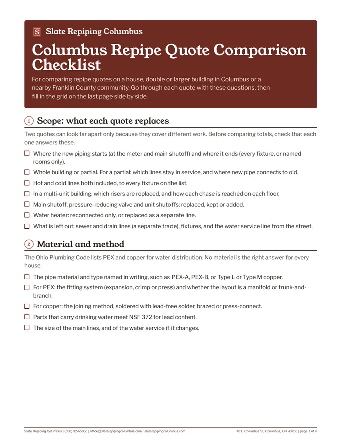 First page of the Columbus repipe quote comparison checklist: what each quote replaces and the material and method